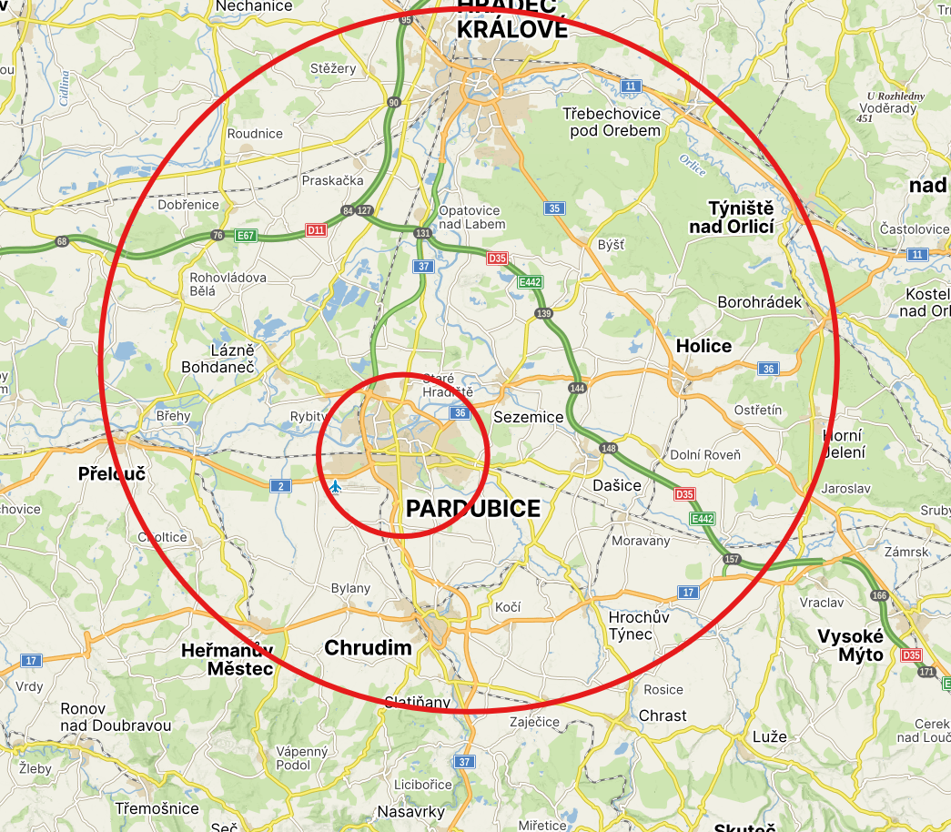 Mapa oblastí působení — Pardubice a okolí do Hradce Králové